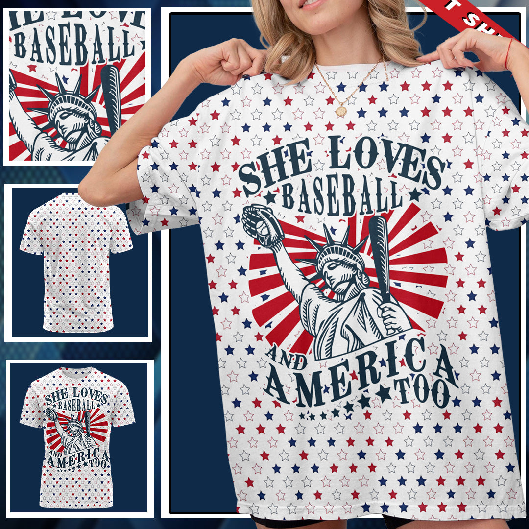 She Loves Baseball And America Too All Over Print Baseball T-Shirt