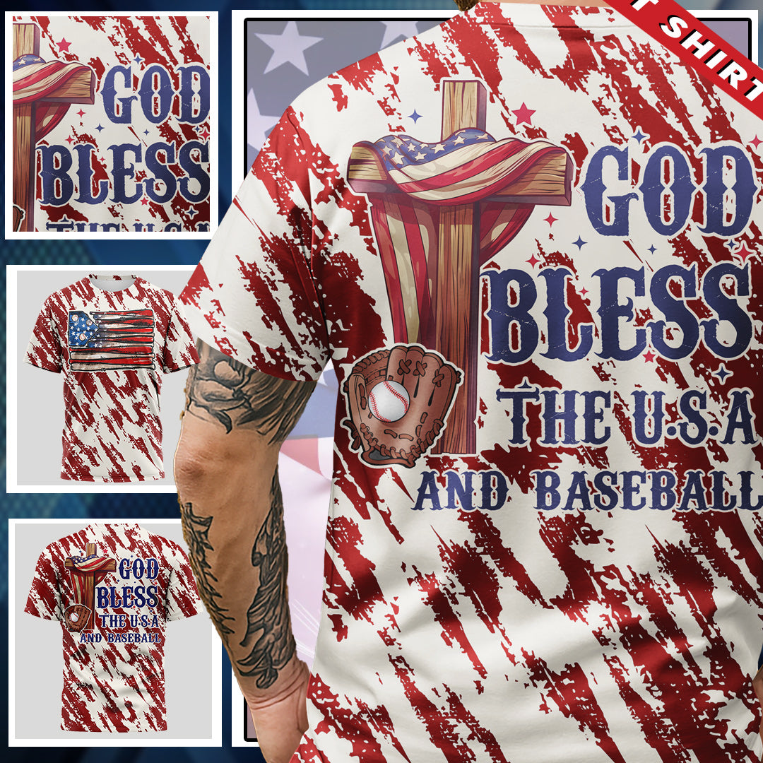 God Bless The USA and Baseball All Over Print 4th Of July T-Shirt