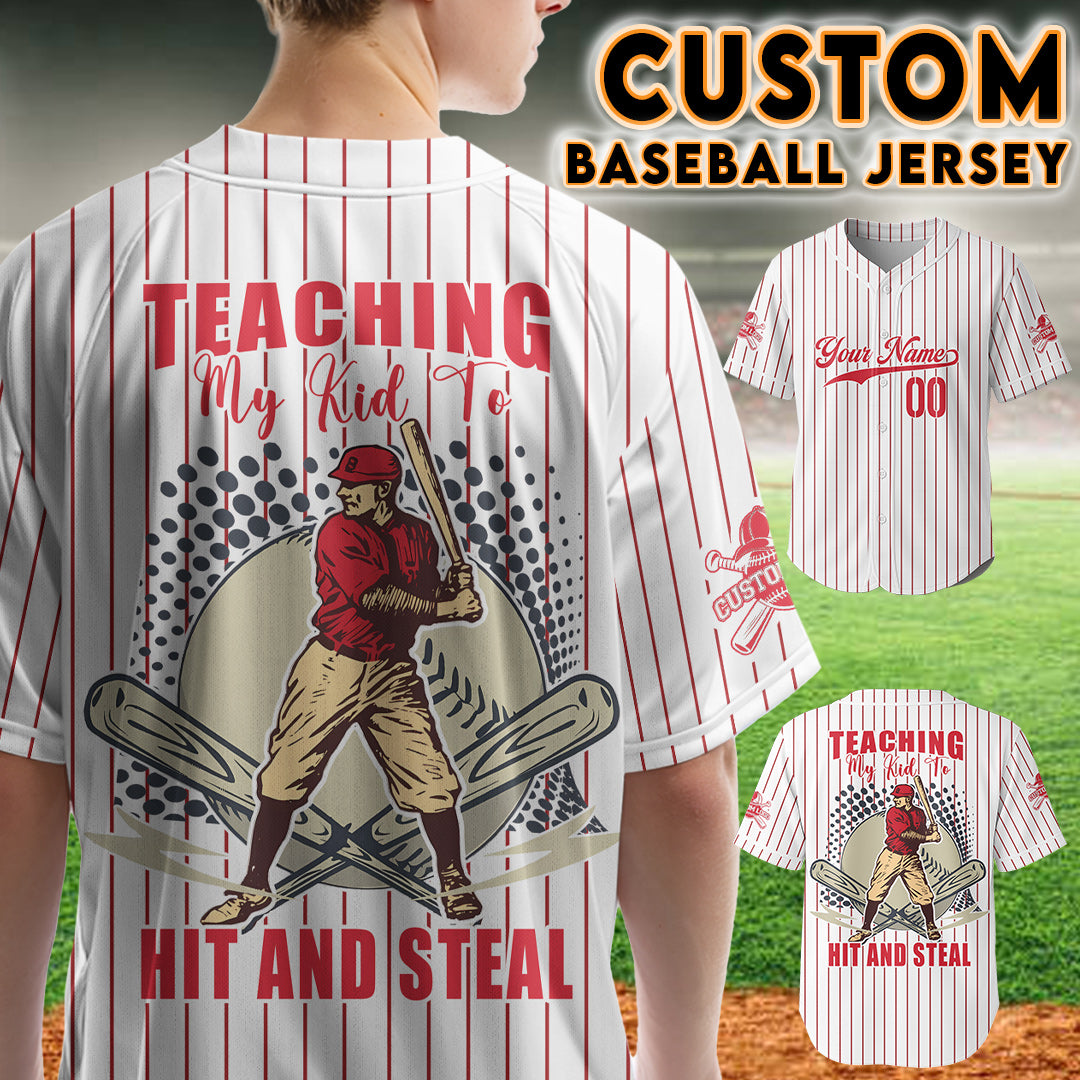 Teaching My Kid To Hit And Steal - Custom White and Red Striped Baseball Jersey