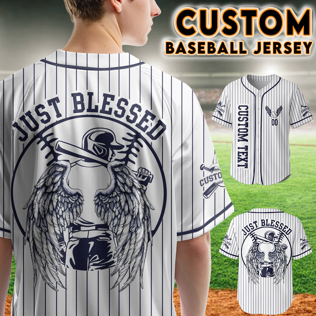 Custom White Navy Pinstripes Baseball Jersey - Just Blessed