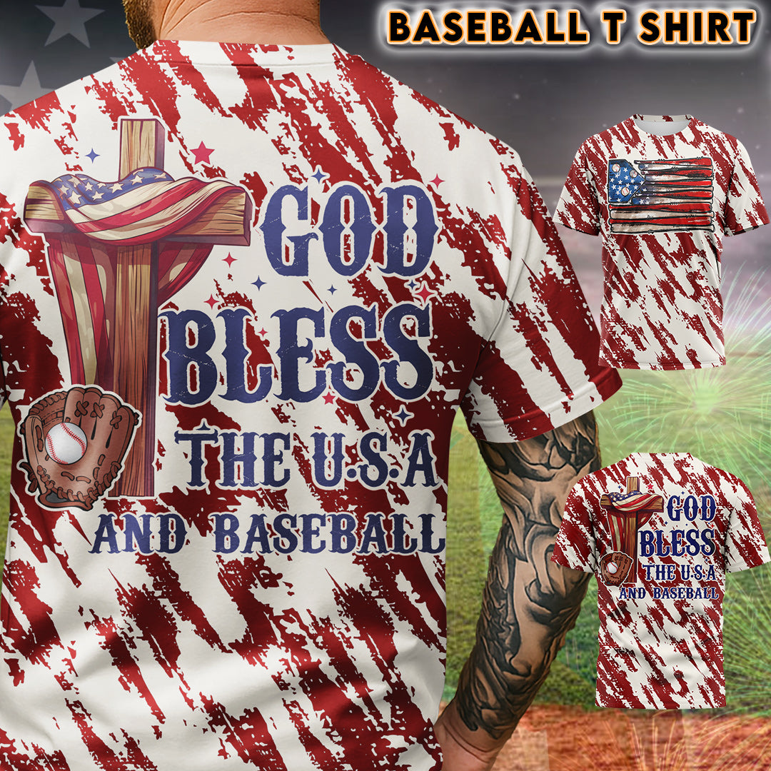 God Bless The USA and Baseball All Over Print 4th Of July T-Shirt
