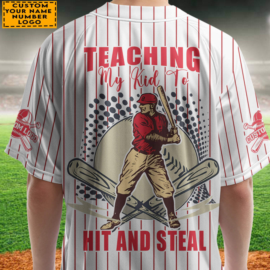 Teaching My Kid To Hit And Steal - Custom White and Red Striped Baseball Jersey