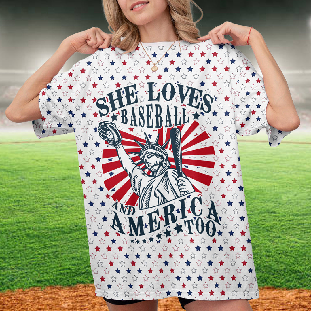 She Loves Baseball And America Too All Over Print Baseball T-Shirt