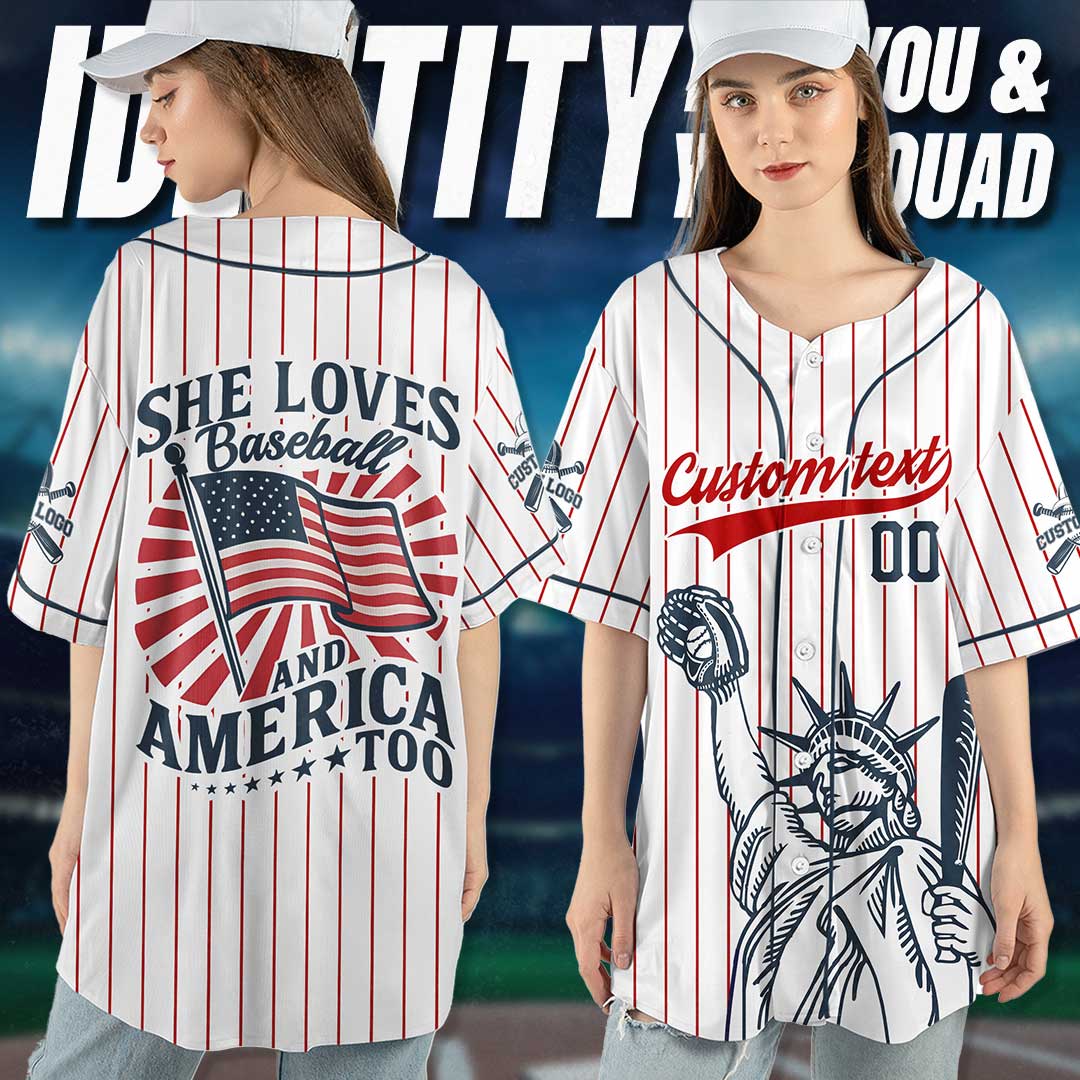 She Loves Baseball and America Too - Custom 4th Of July Baseball Jersey