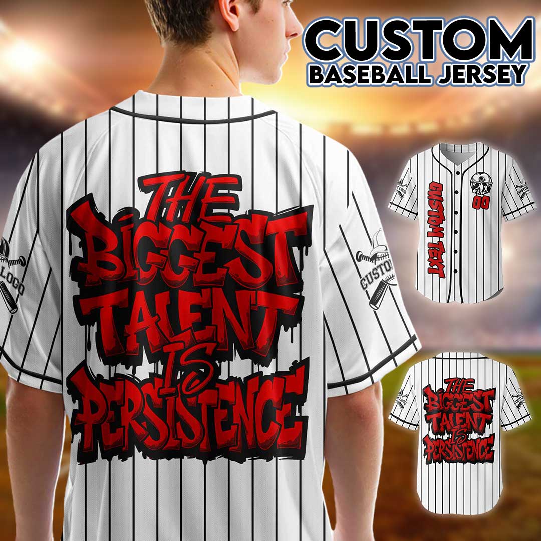 Custom White and Black Pinstripes Baseball Jersey - Talent Is Persistence