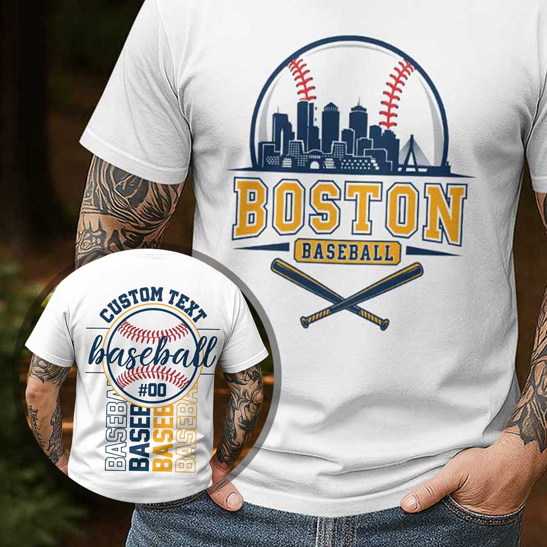 Baseball Boston State Series - Custom Black White Baseball T-Shirt