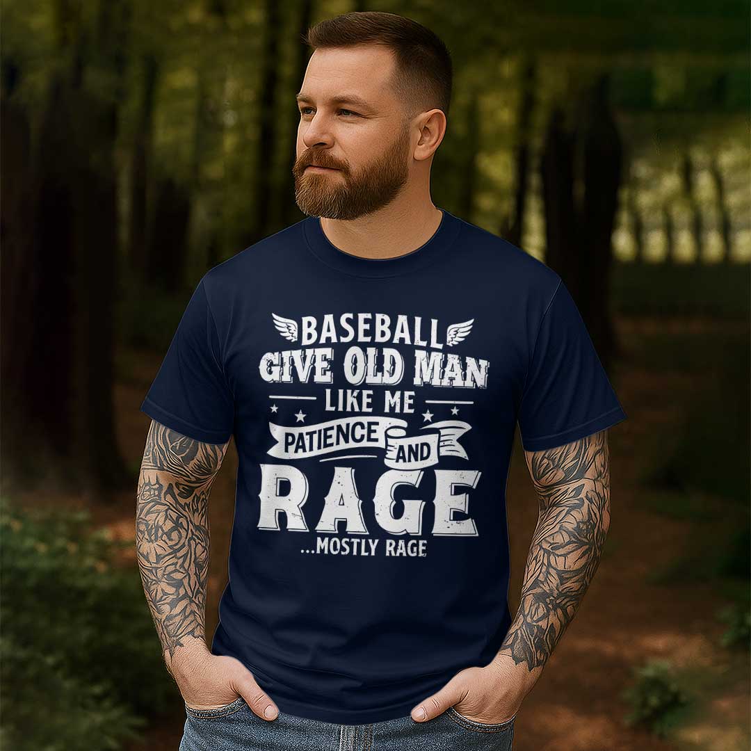 Baseball Give Old Man Patience and Rage - Black Navy Baseball T-Shirt