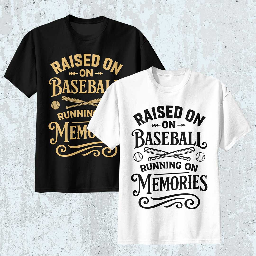 Raised On Baseball Running On Memories - Black White Baseball T-Shirt