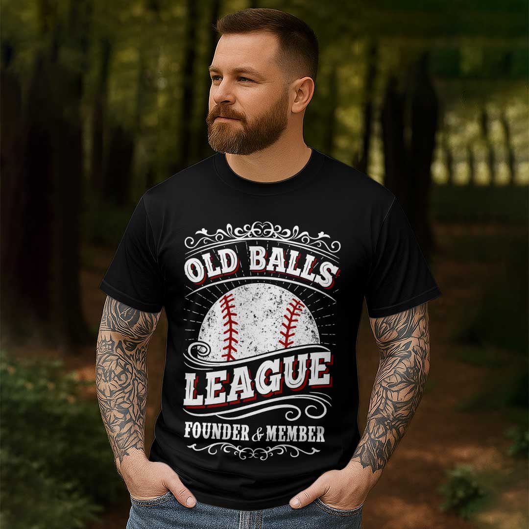 Old Balls League Founder - Black White Baseball T-Shirt