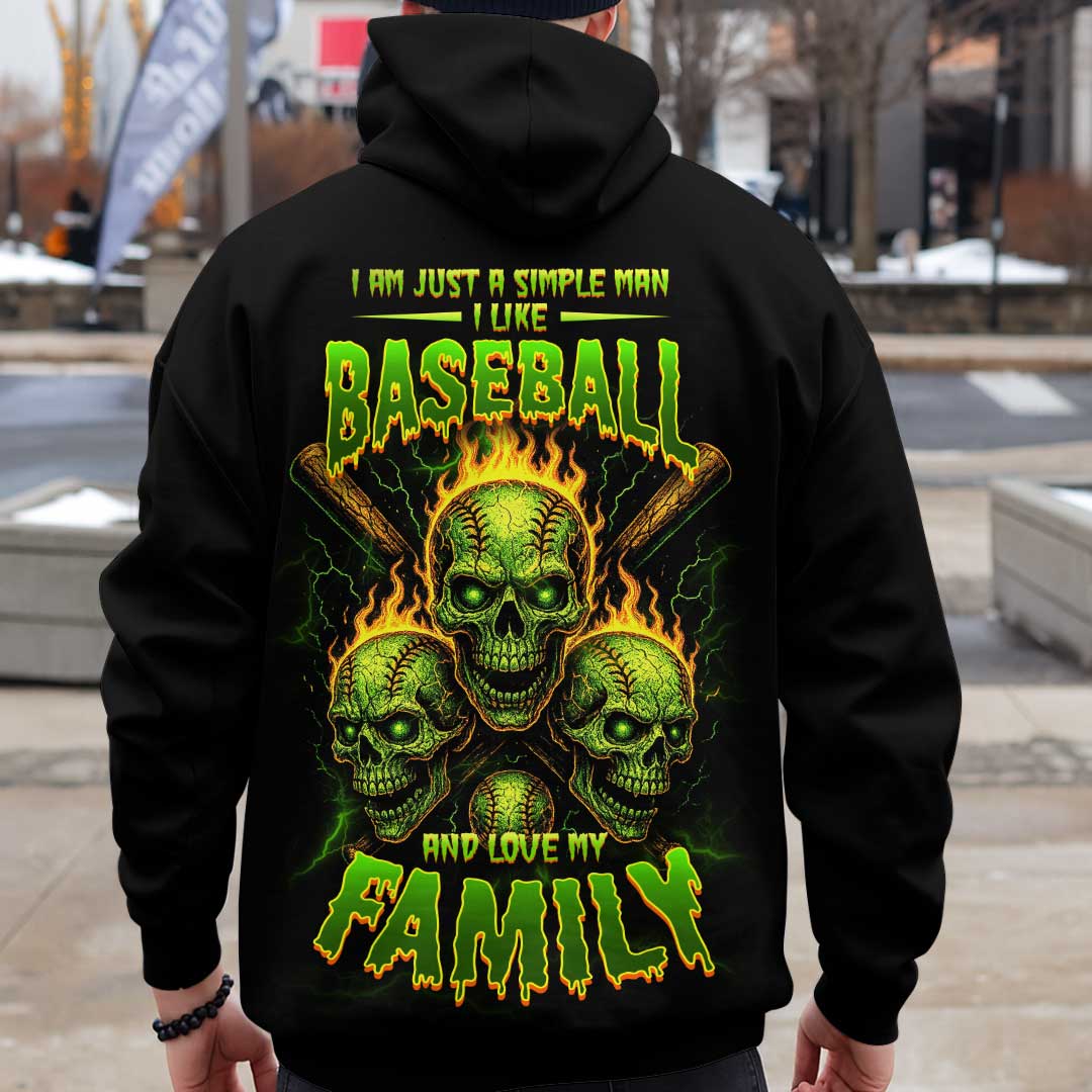 Real Man Likes Baseball and Loves His Family - Custom Black Skull Baseball Hoodie