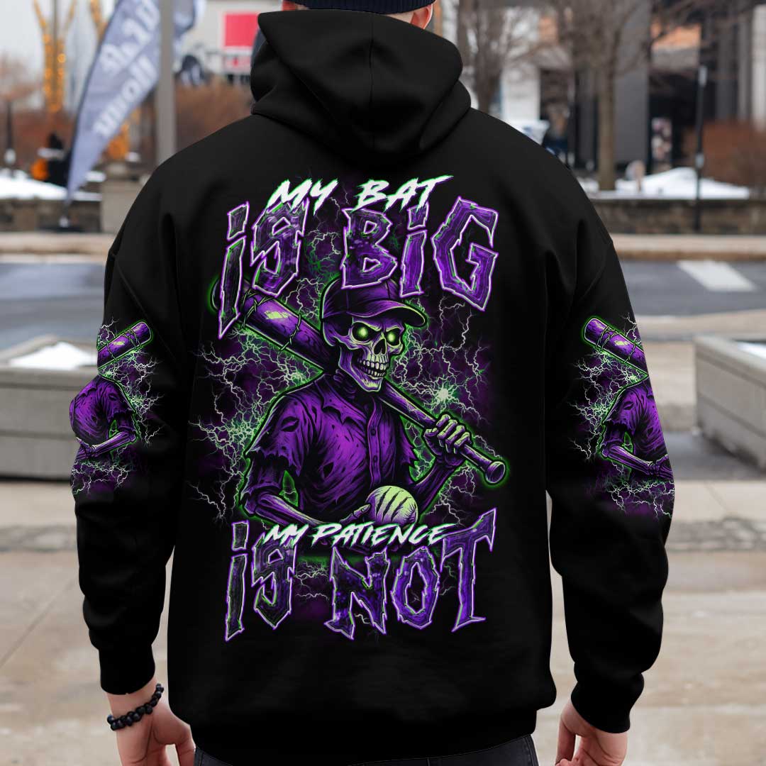 My Bat Is Big My Patience Is Not - Custom Black Skull Baseball Hoodie
