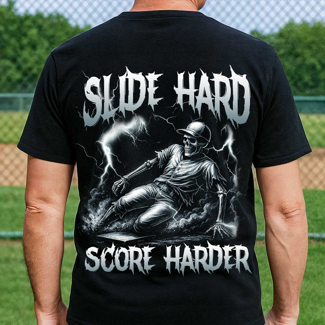 Slide Hard Score Harder All Over Print Skull Baseball T-Shirt
