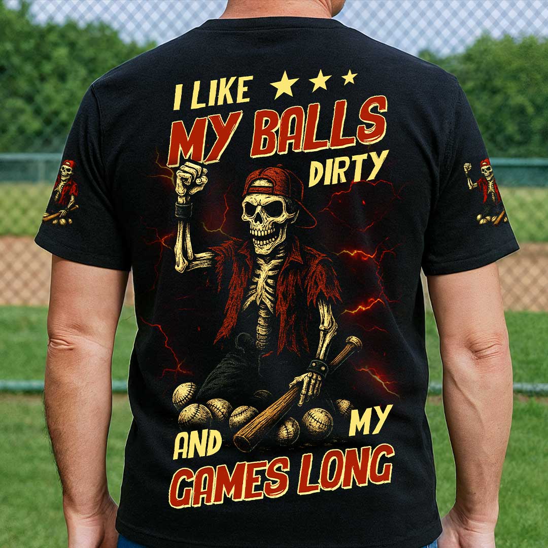 Like It When Balls Dirty and Games Long All Over Print Skull Baseball T-Shirt