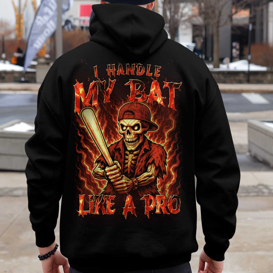 Handle My Bat Like A Pro - Custom Black Skull Baseball Hoodie