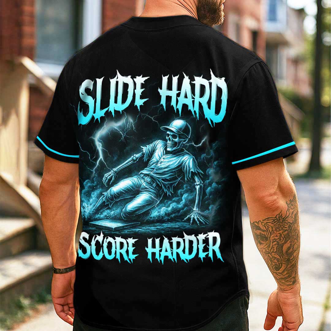 Slide Hard Score Harder - Custom Black Skull Baseball Jersey