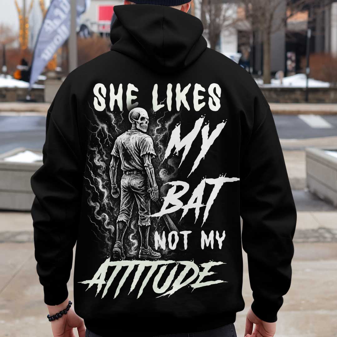 She Likes My Bat Not My Attitude - Custom Black Skull Baseball Hoodie