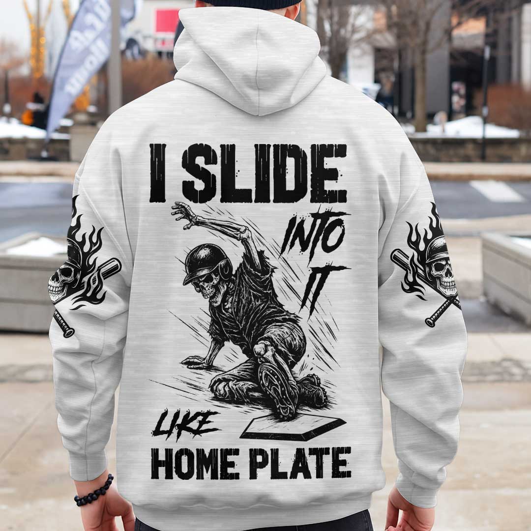 I Slide Into It Like Home Plate - Custom Black Grey Skull Baseball Hoodie