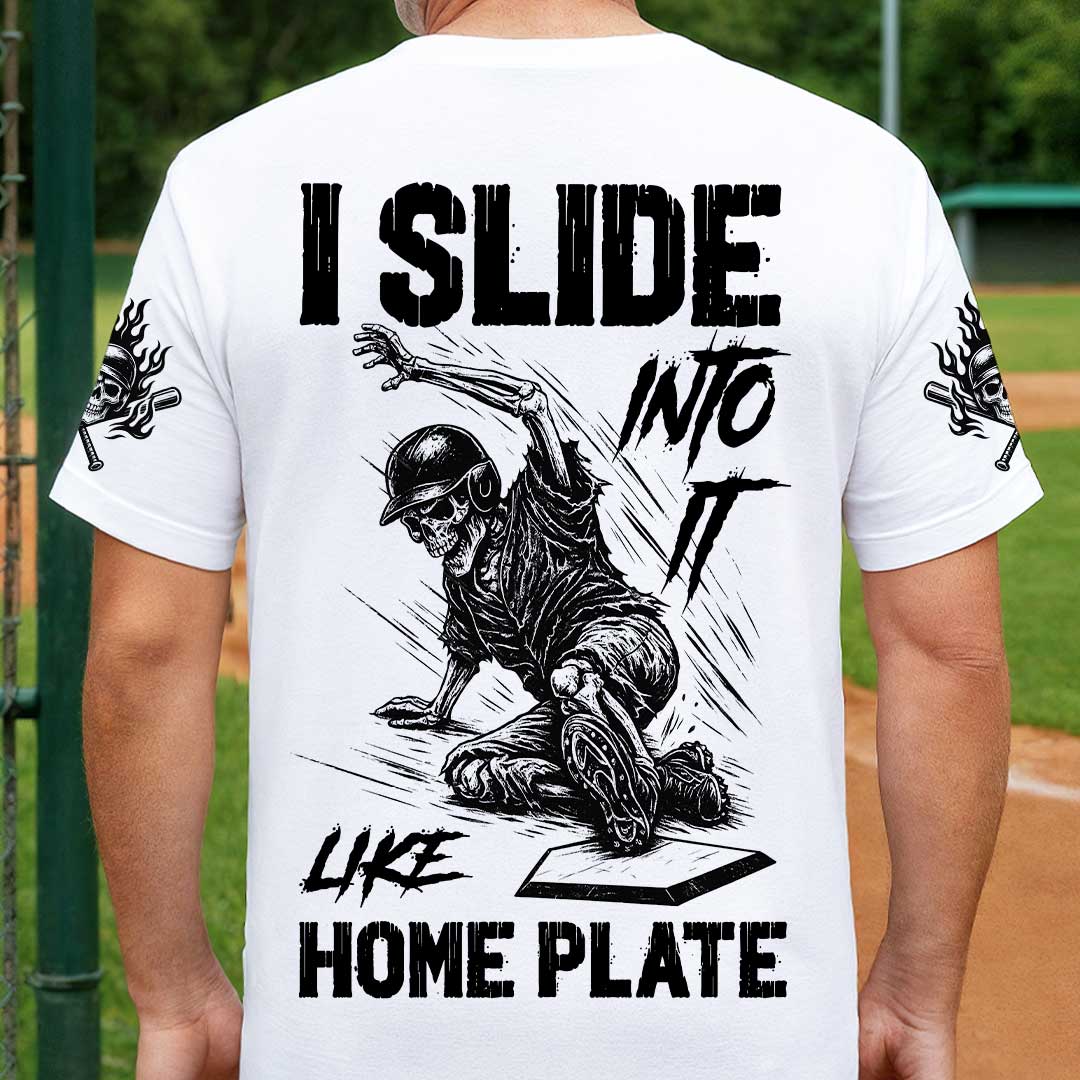 I Slide Into It Like Home Plate All Over Print Skull Baseball T-Shirt