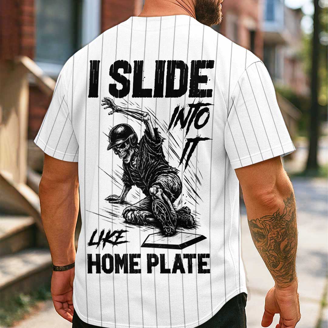 I Slide Into It Like Home Plate - Custom White Skull Baseball Jersey