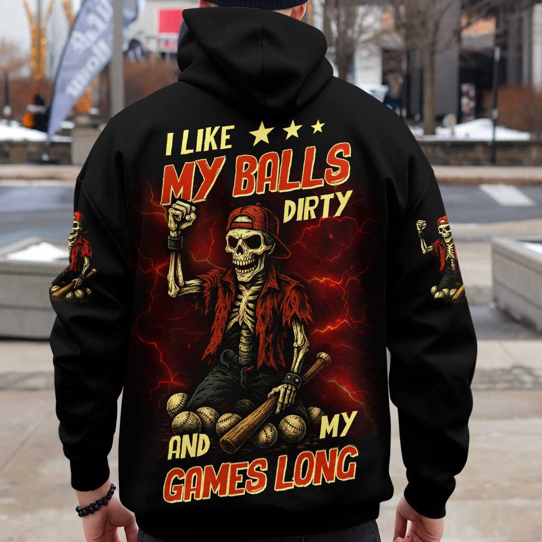 I Like My Balls Dirty And My Games Long - Custom Black Skull Baseball Hoodie