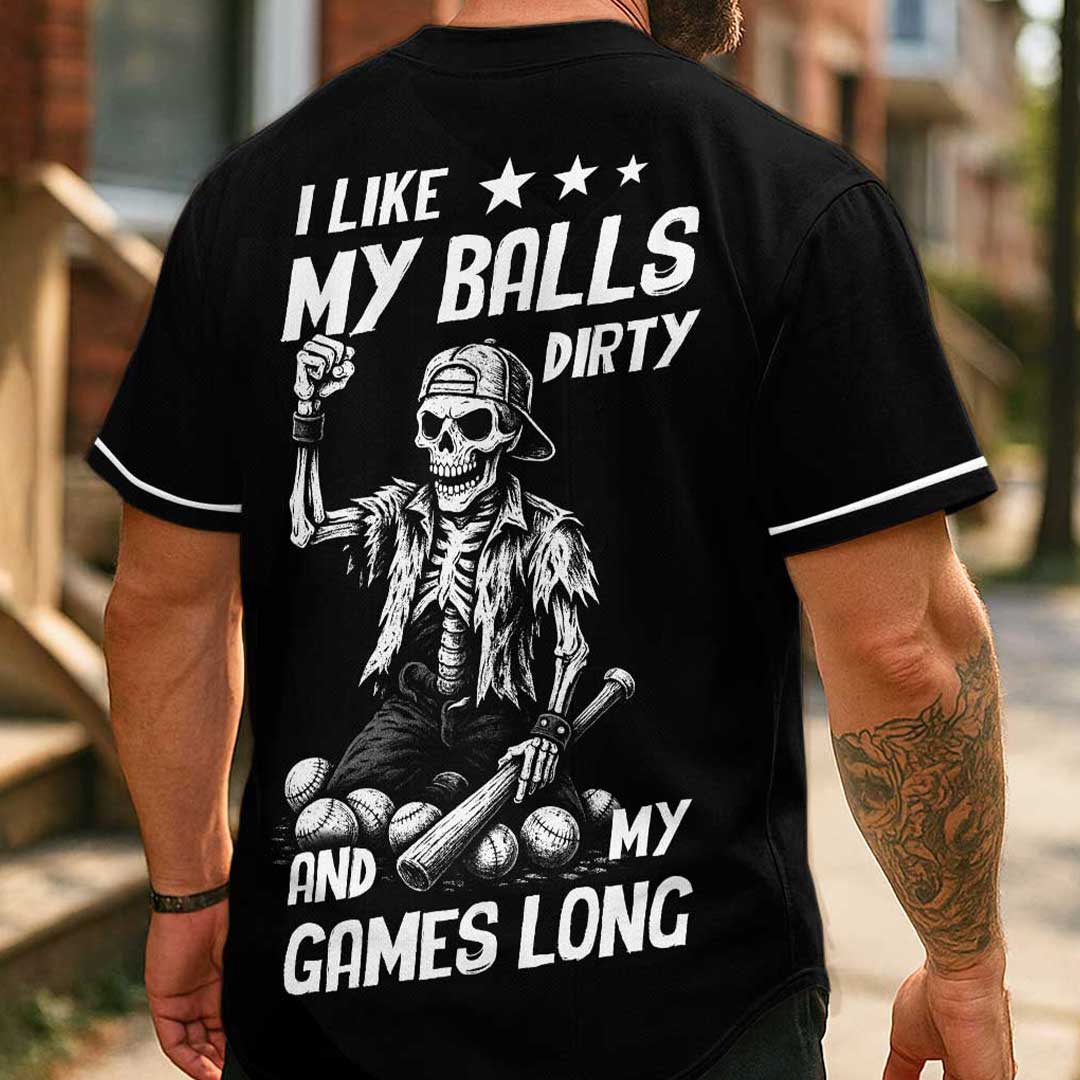 Dirty Balls and Long Games - Custom Black Skull Baseball Jersey