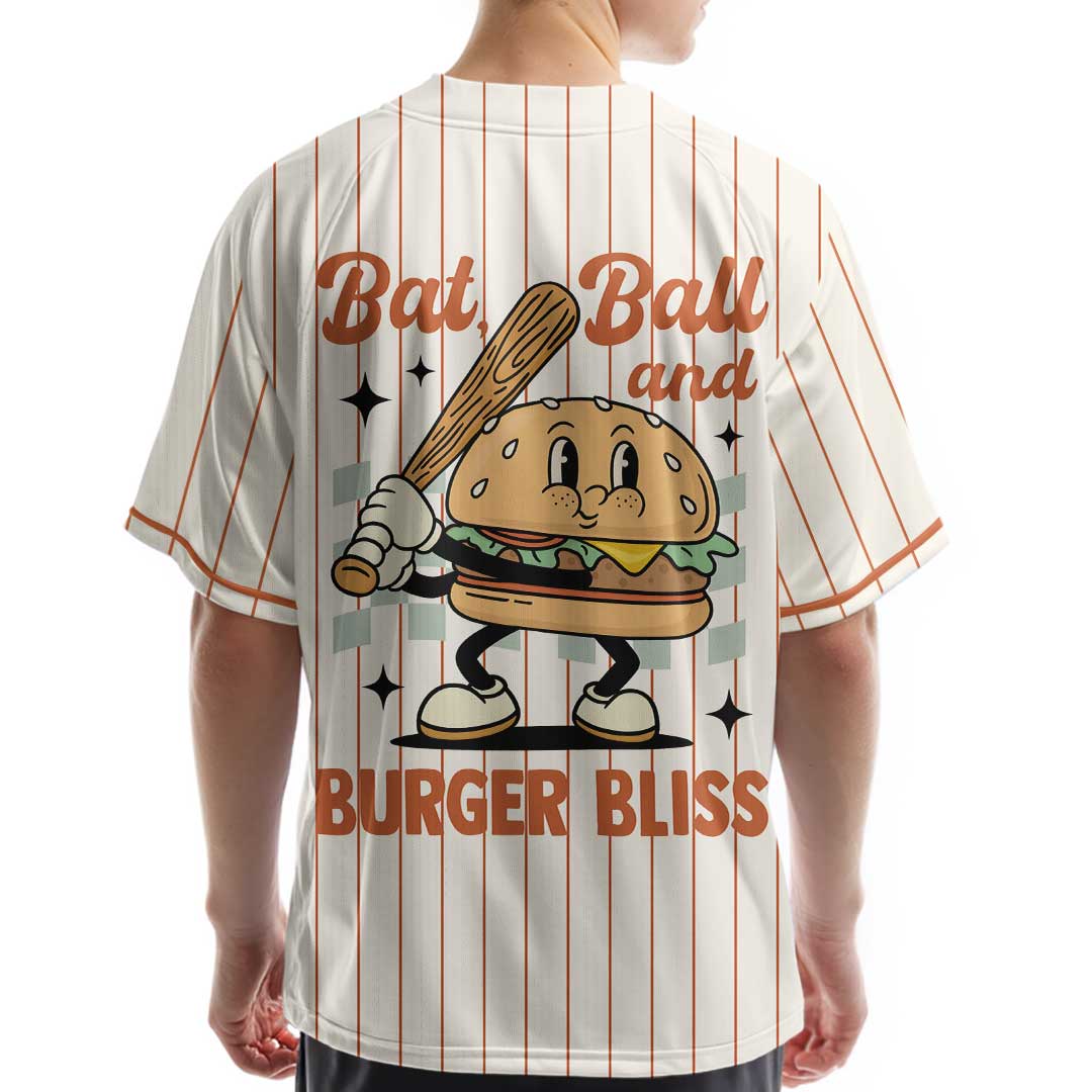 Bat, Ball and Burger Bliss - Custom Groovy Cream Baseball Jersey