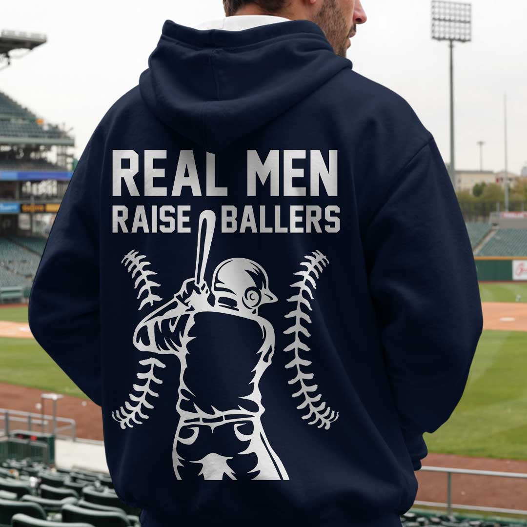 Real Men Raise Ballers - Navy and Grey Dad Baseball Hoodie