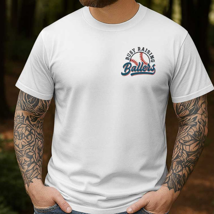 This Dad Only Raises Ballers - Black and White Baseball T-Shirt