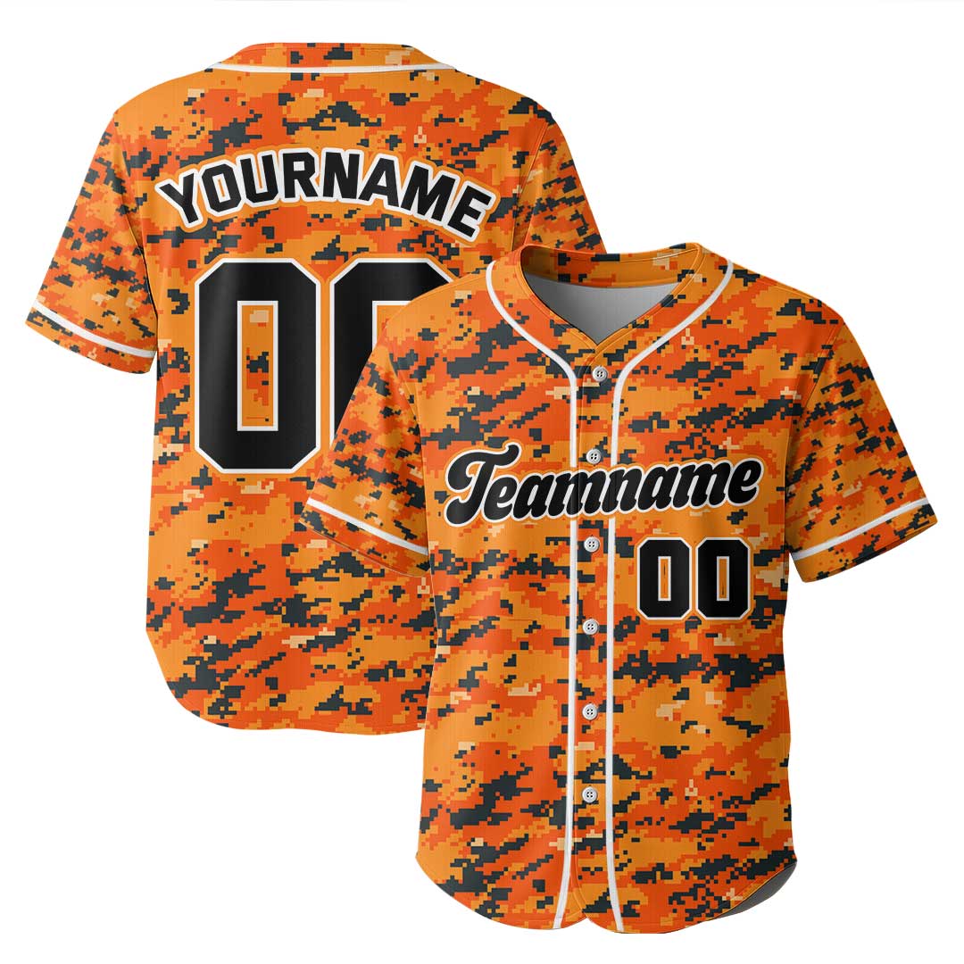 Custom Baseball Jersey with Orange Camouflage Pattern