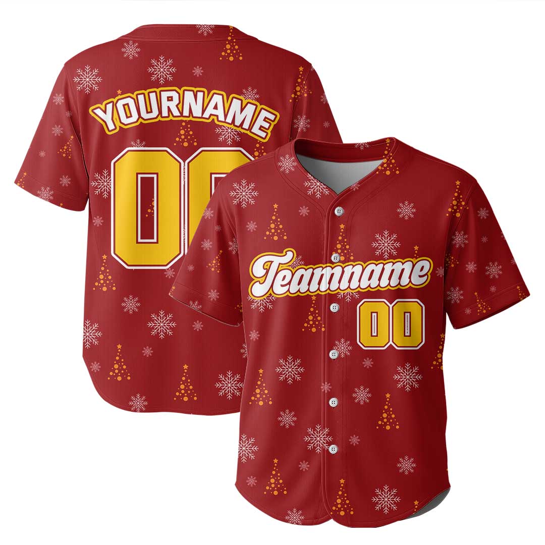 Custom Christmas Baseball Jersey with Snowflake and Pine Tree Pattern