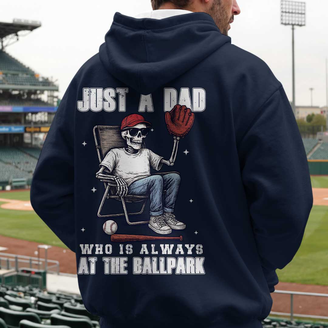 A Dad Who Is Always At The Ballpark - Navy and Grey Dad Baseball Hoodie