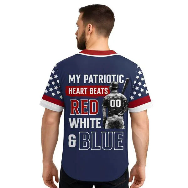 My Patriotic Heart Beats Red White & Blue - Men's American Flag Baseball Jersey 4th - Custom Name Custom Number