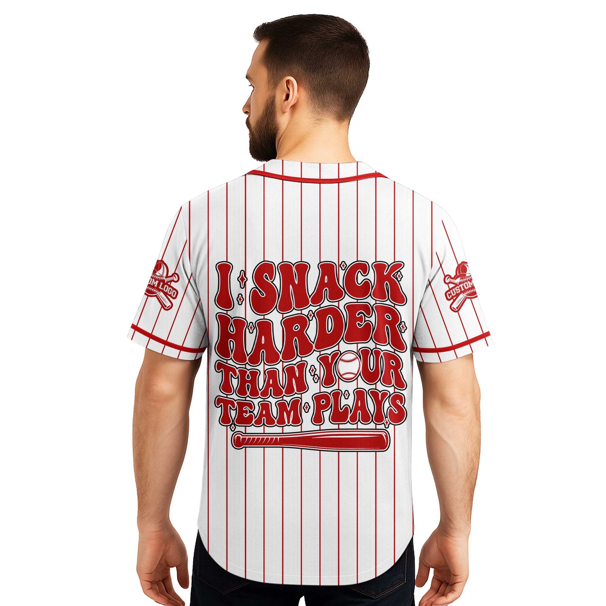 I Snack Harder Than Your Team Plays - Custom White with Red Stripes Baseball Jersey