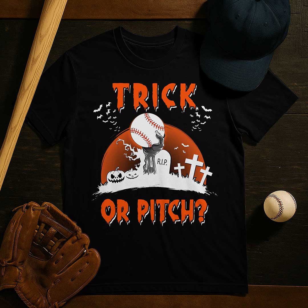 Trick Or Pitch Black White Baseball Halloween T-Shirt