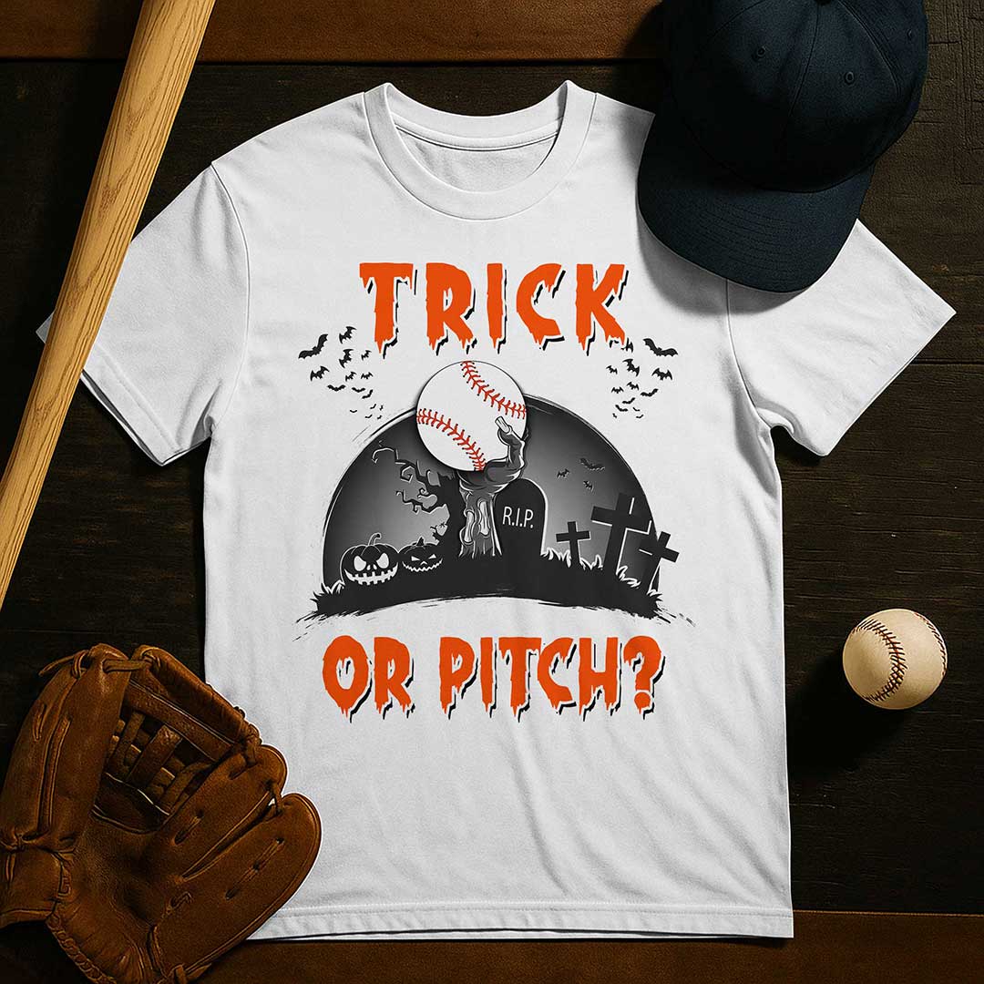 Trick Or Pitch Black White Baseball Halloween T-Shirt
