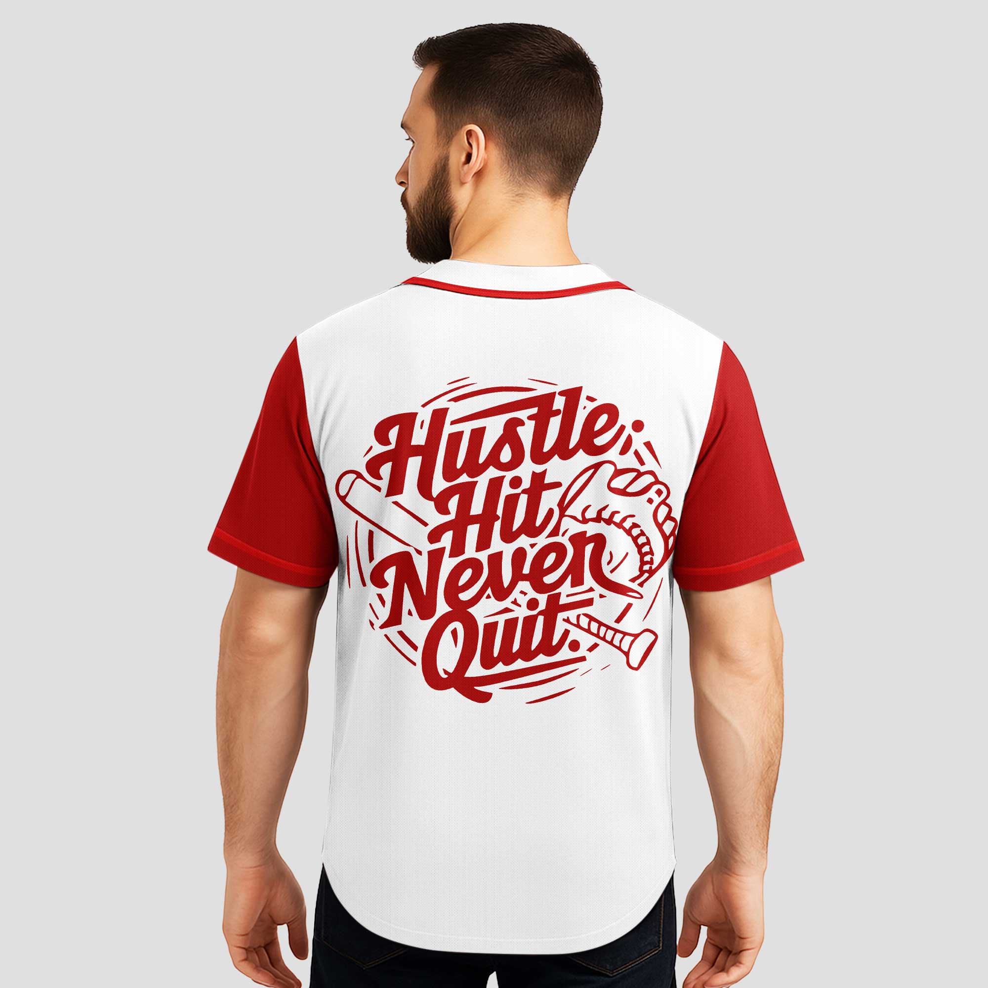 Hustle Hit Never Quit - Custom White and Red Raglan Baseball Jersey