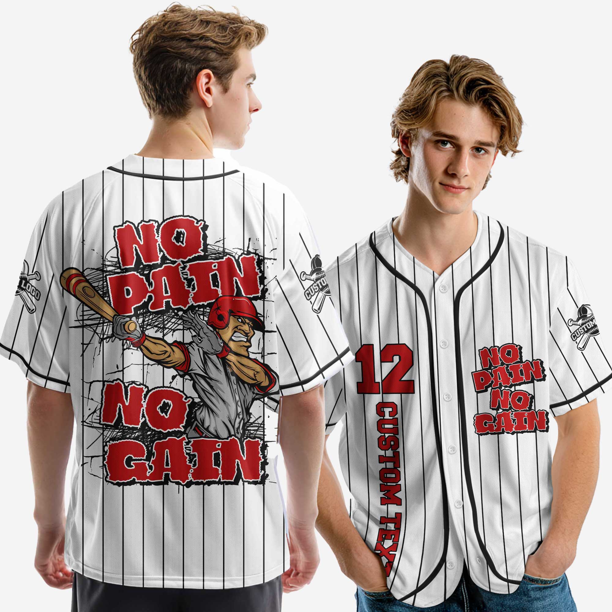 No Pain No Gain - Custom White Black Stripes Baseball Jersey
