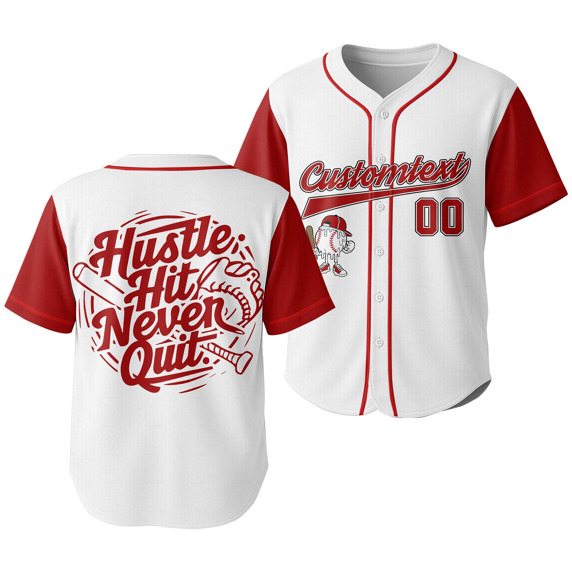 Hustle Hit Never Quit - Custom White and Red Raglan Baseball Jersey