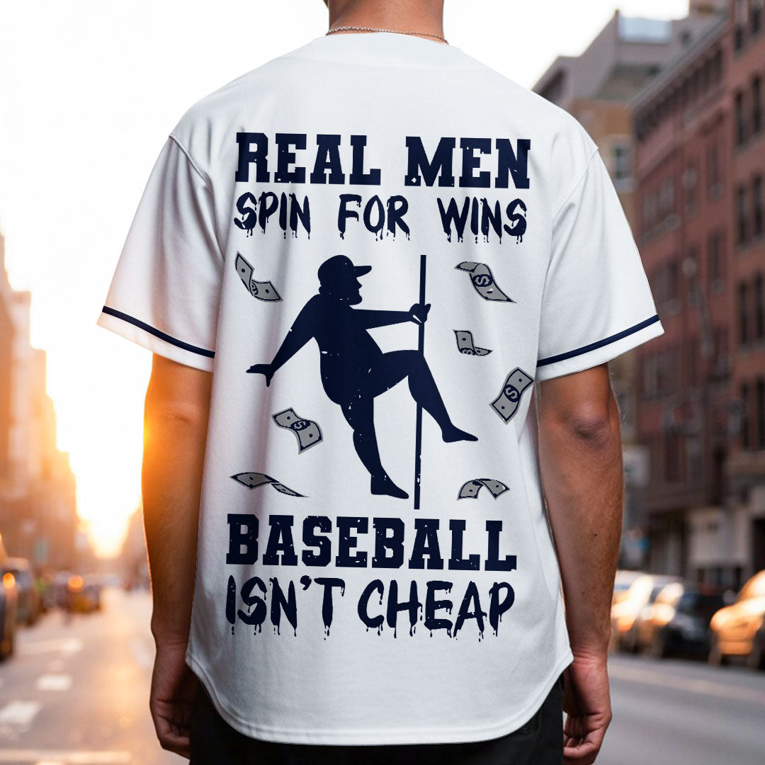 Real Men Spin For Wins - Custom White Navy Baseball Jersey