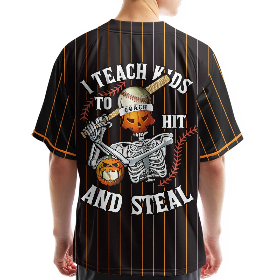 I Teach Kids To Hit And Steal - Custom Black Orange Stripe Halloween Baseball Jersey