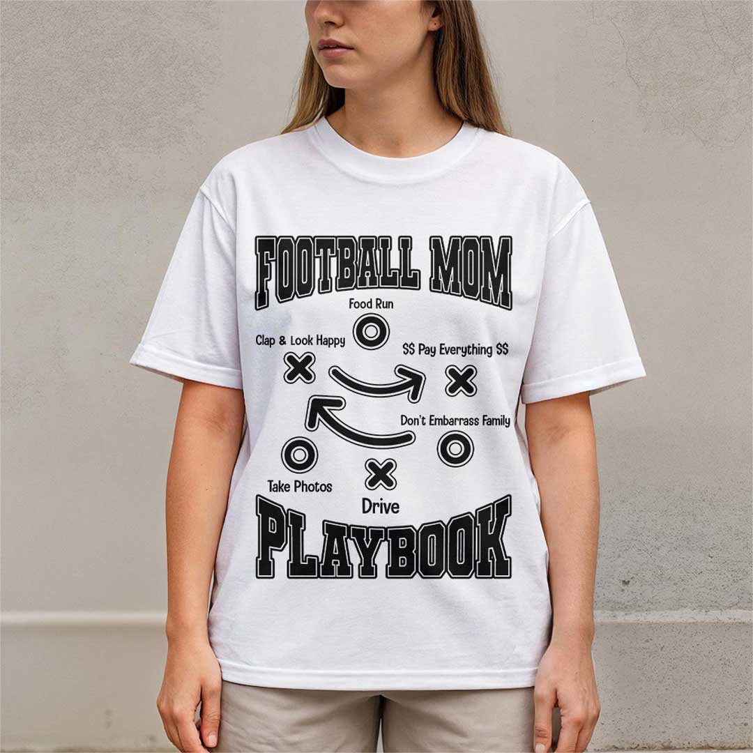 Football Mom Playbook - Sand and White Football Tshirt For Mom