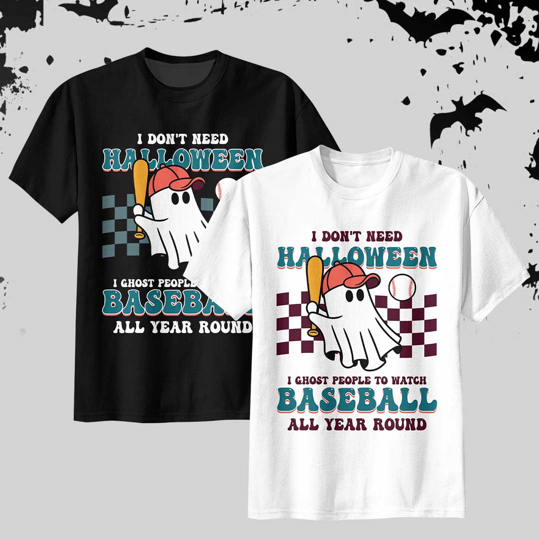 Ghost People All Year Round Black White Baseball Halloween T-Shirt