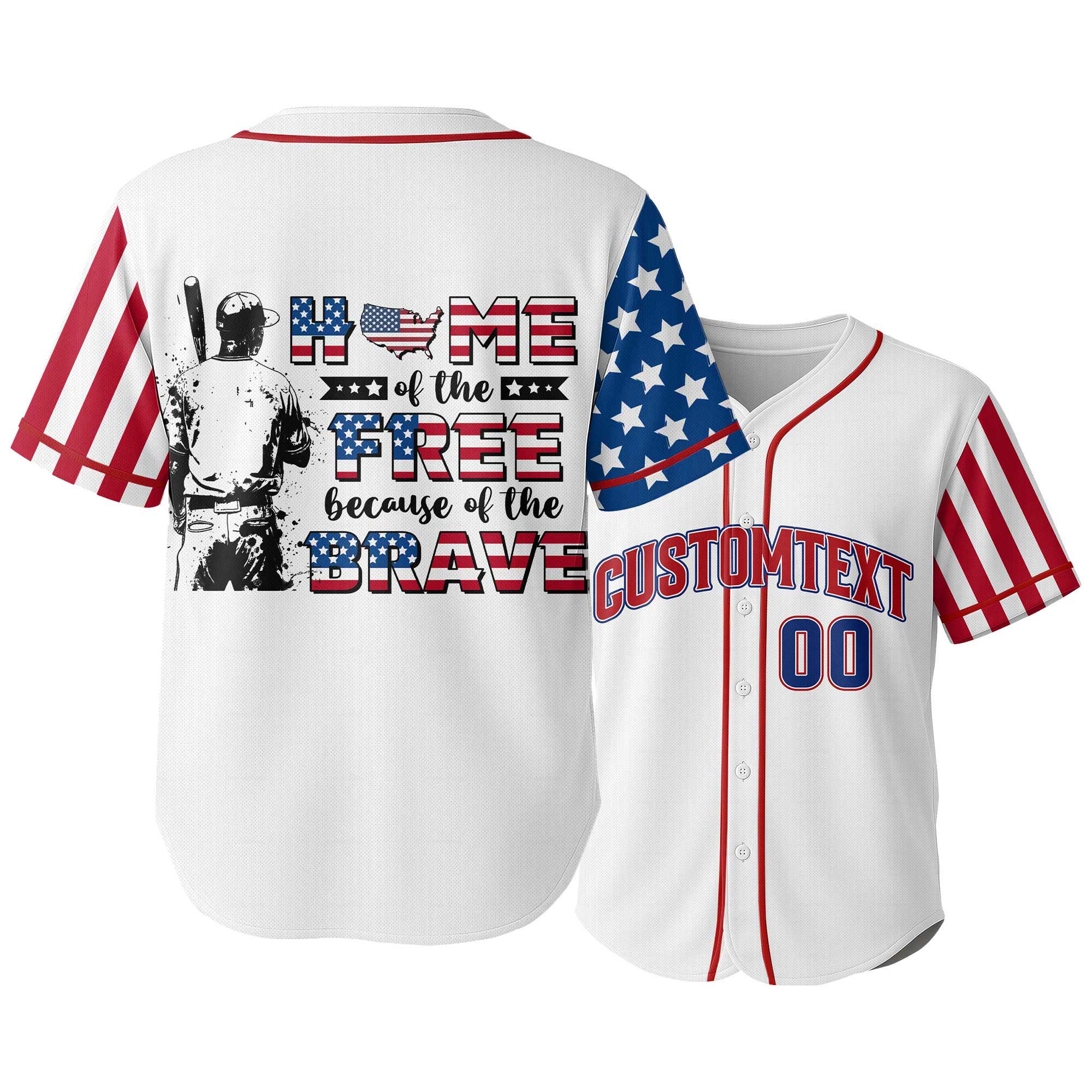 Home Of The Free Because Of The Brave - Custom Baseball Jersey - 4th of July Jersey for Baseball Lovers