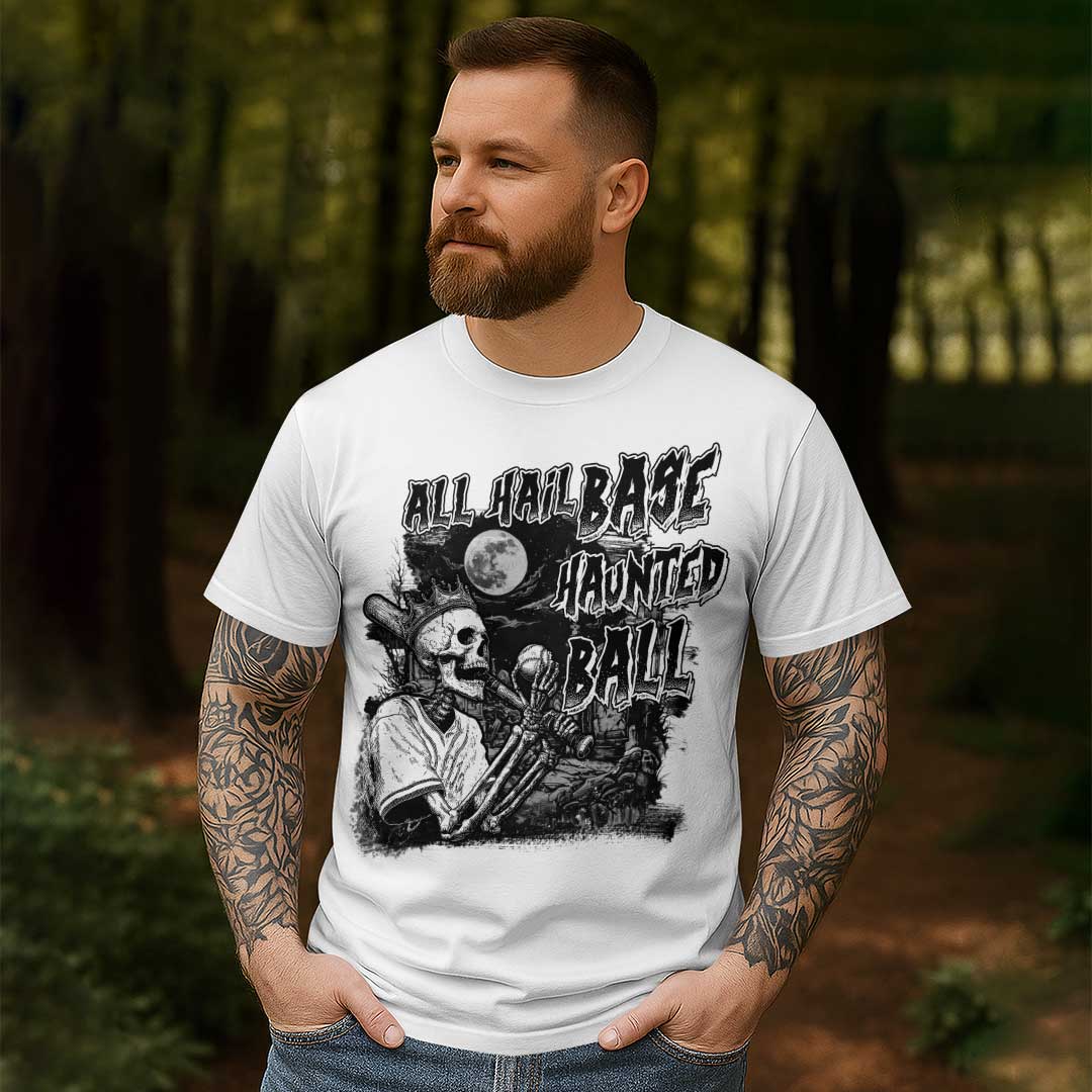 All Hail Base-Haunted-Ball Black White Baseball Halloween T-Shirt