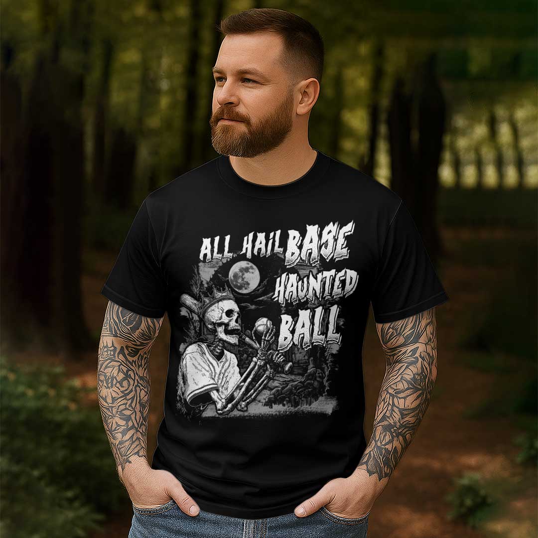 All Hail Base-Haunted-Ball Black White Baseball Halloween T-Shirt
