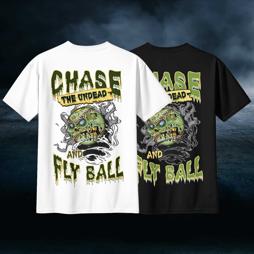 Chase The Undead And Fly Ball Black White Baseball Halloween T-Shirt