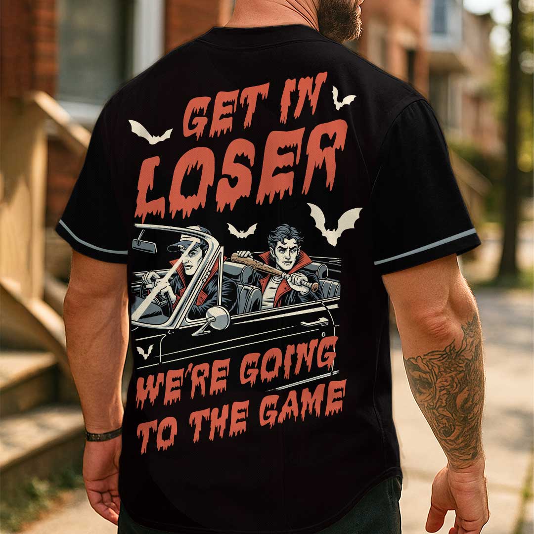 Get In Loser We're Going To The Game - Custom Black Halloween Baseball Jersey