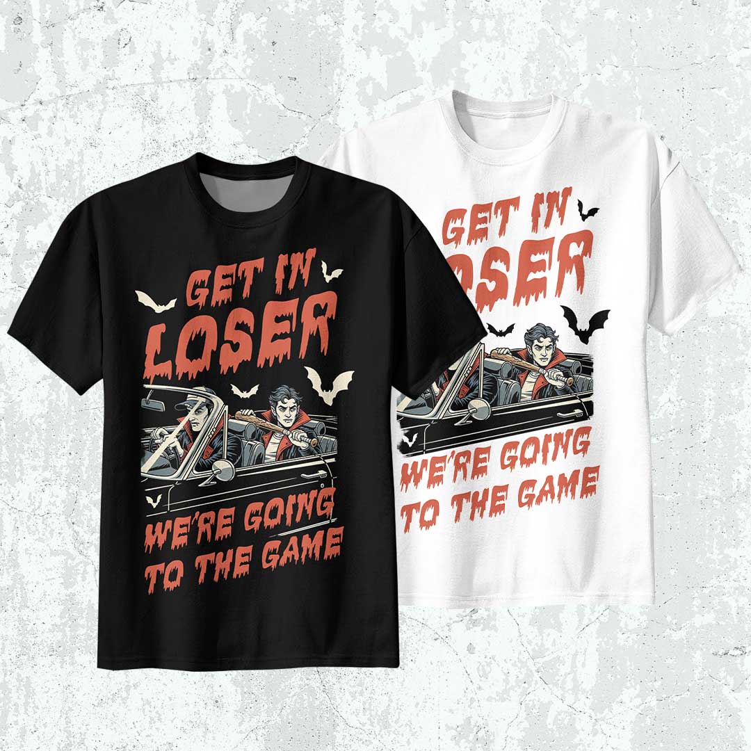 Get In Loser We're Going To The Game Black White Baseball Halloween T-Shirt