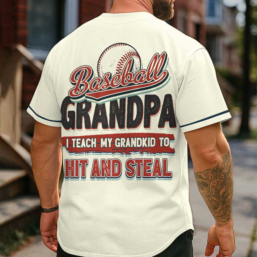 Grandpa Baseball I Teach My Grandkid To Hit And Steal - Custom Cream Baseball Jersey