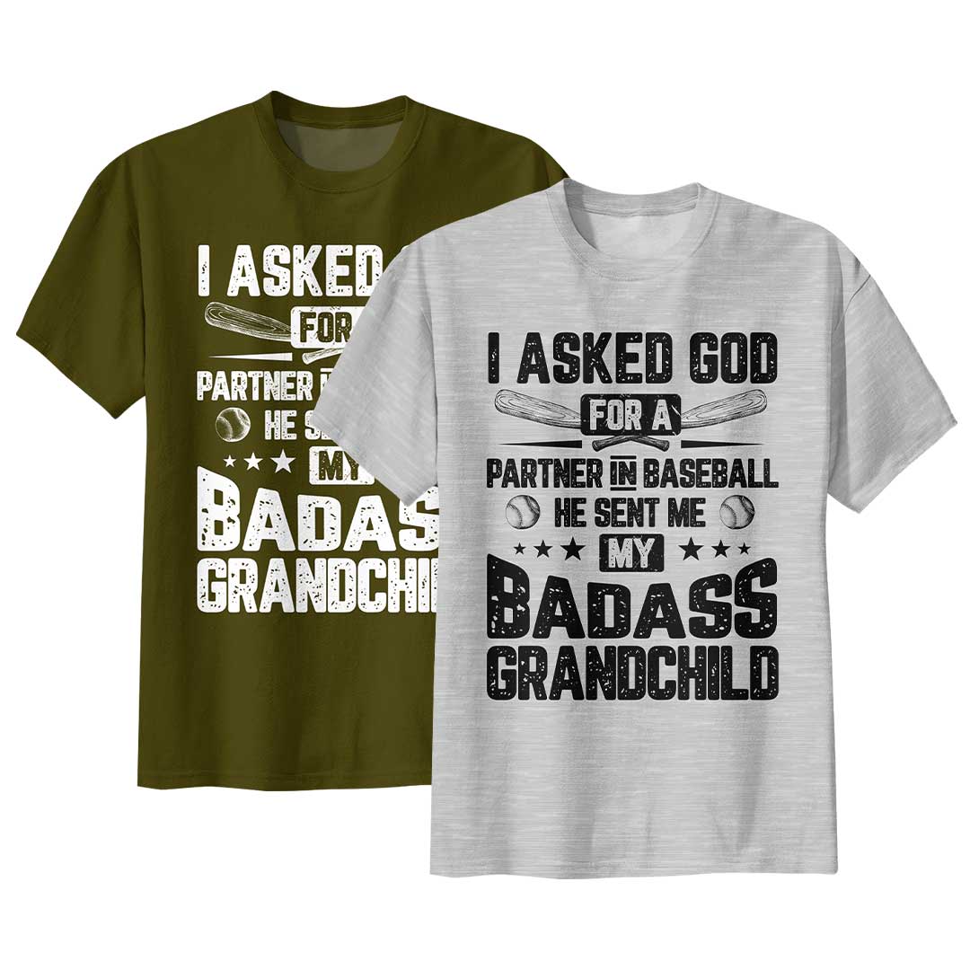 I Asked God For A Partner In Baseball - Military Green and Grey Baseball T-Shirt